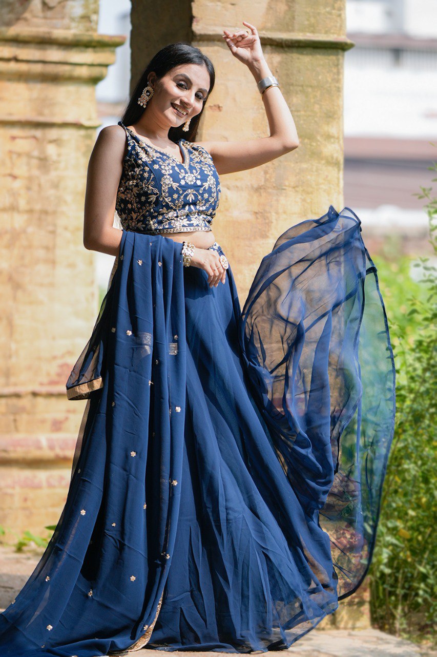 Gorgeous Navy Blue Sequins Thread Worked Lehenga Choli - INDIAN ELEGANCE