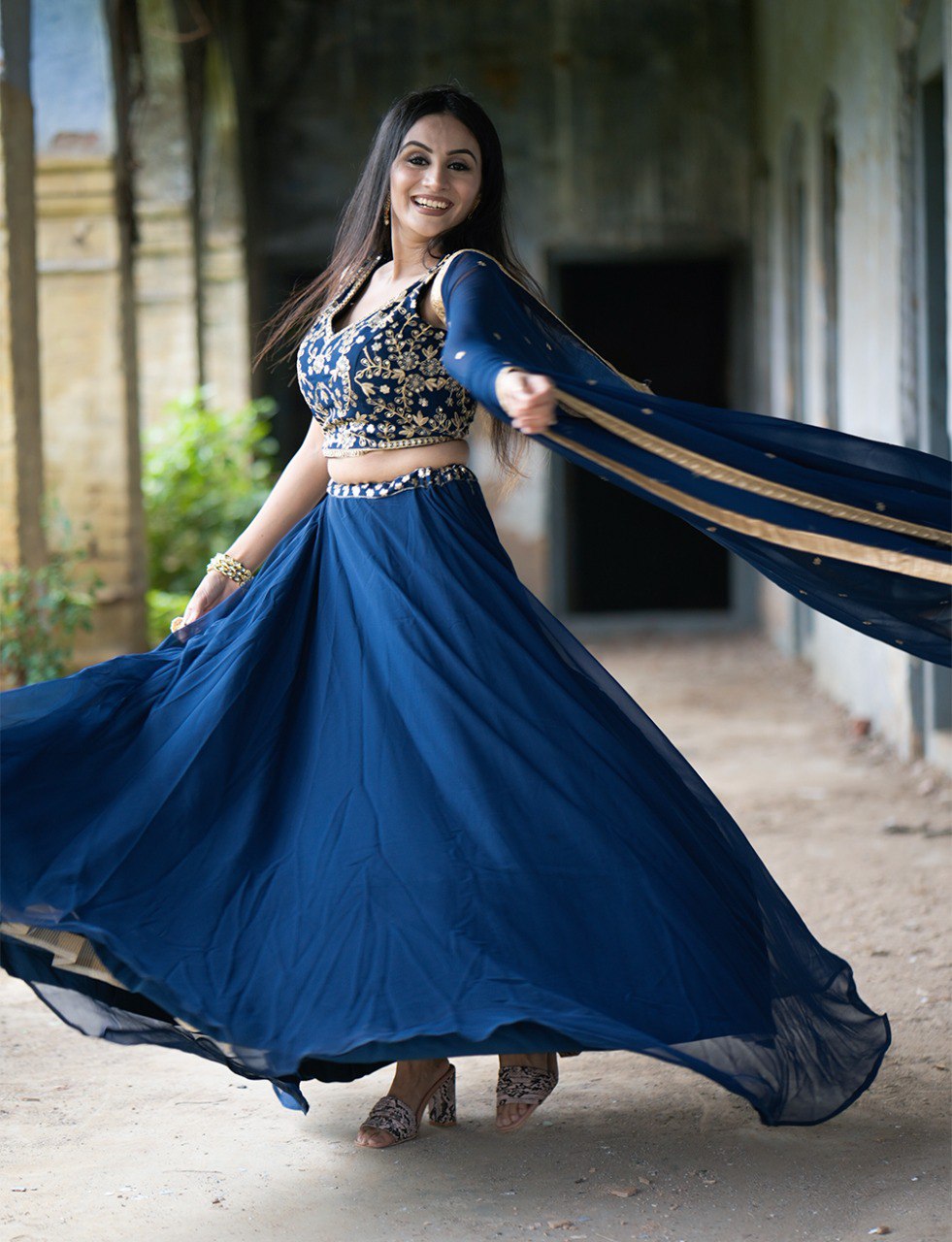 Gorgeous Navy Blue Sequins Thread Worked Lehenga Choli - INDIAN ELEGANCE