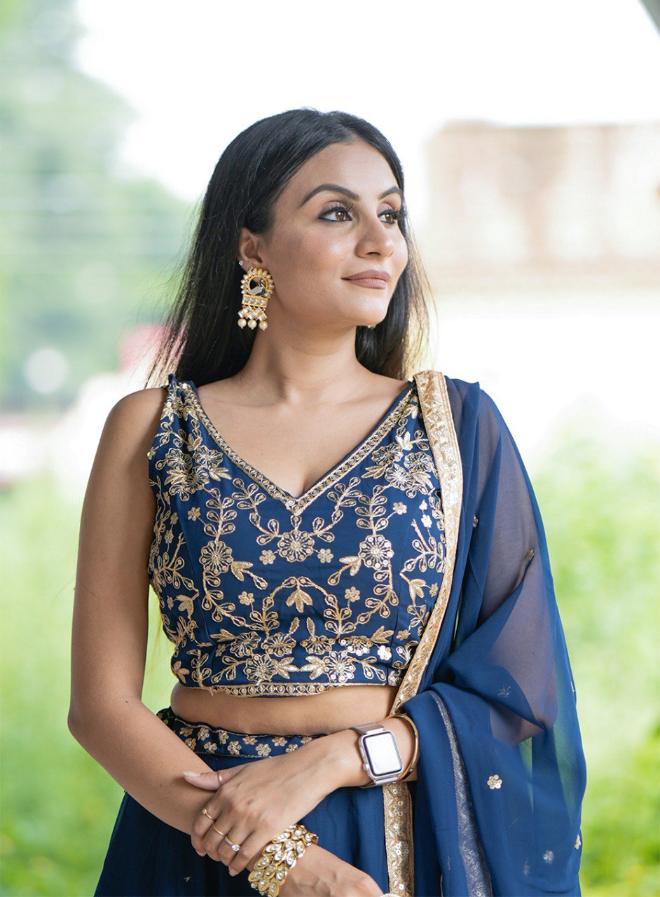 Gorgeous Navy Blue Sequins Thread Worked Lehenga Choli - INDIAN ELEGANCE
