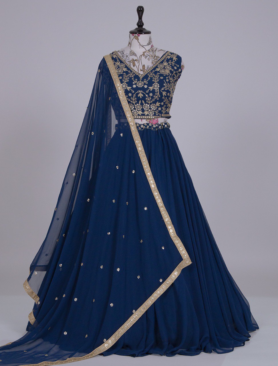 Gorgeous Navy Blue Sequins Thread Worked Lehenga Choli - INDIAN ELEGANCE