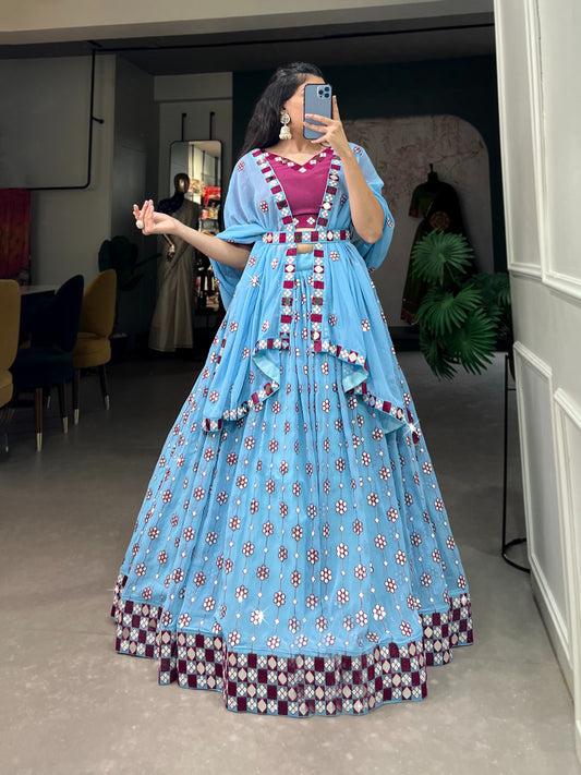 Lovely Sky Blue Georgette Sequins Embroidered Mirror Worked Lehenga Choli - INDIAN ELEGANCE