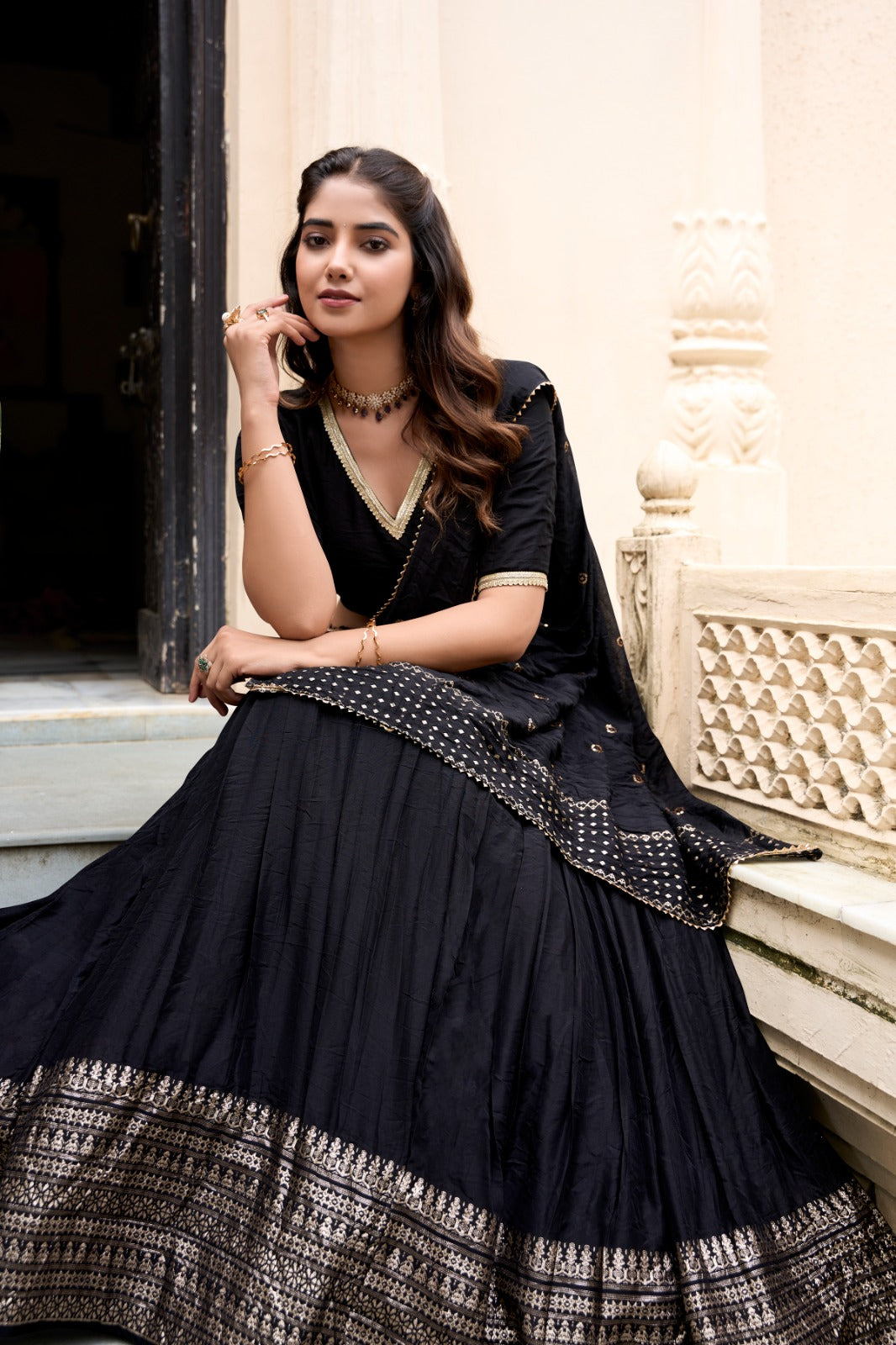 Resplendent Pure Chanderi Silk Zari Weaving Worked Lehenga Choli - INDIAN ELEGANCE
