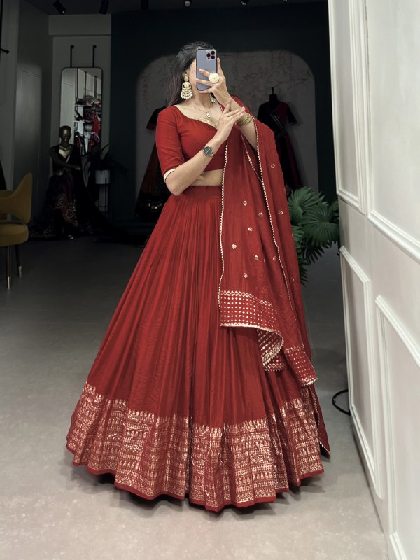 Resplendent Pure Chanderi Silk Zari Weaving Worked Lehenga Choli - INDIAN ELEGANCE