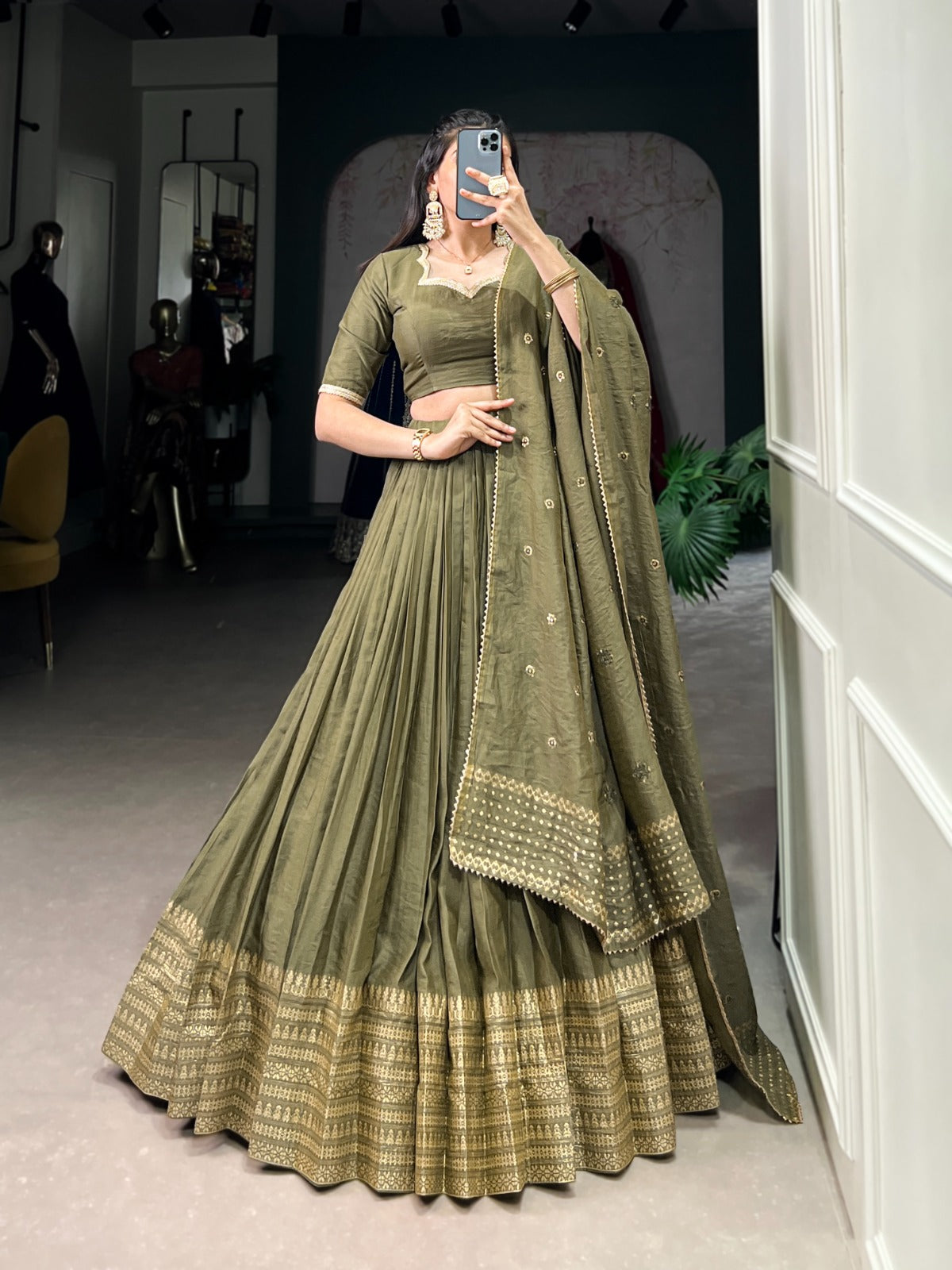 Resplendent Pure Chanderi Silk Zari Weaving Worked Lehenga Choli