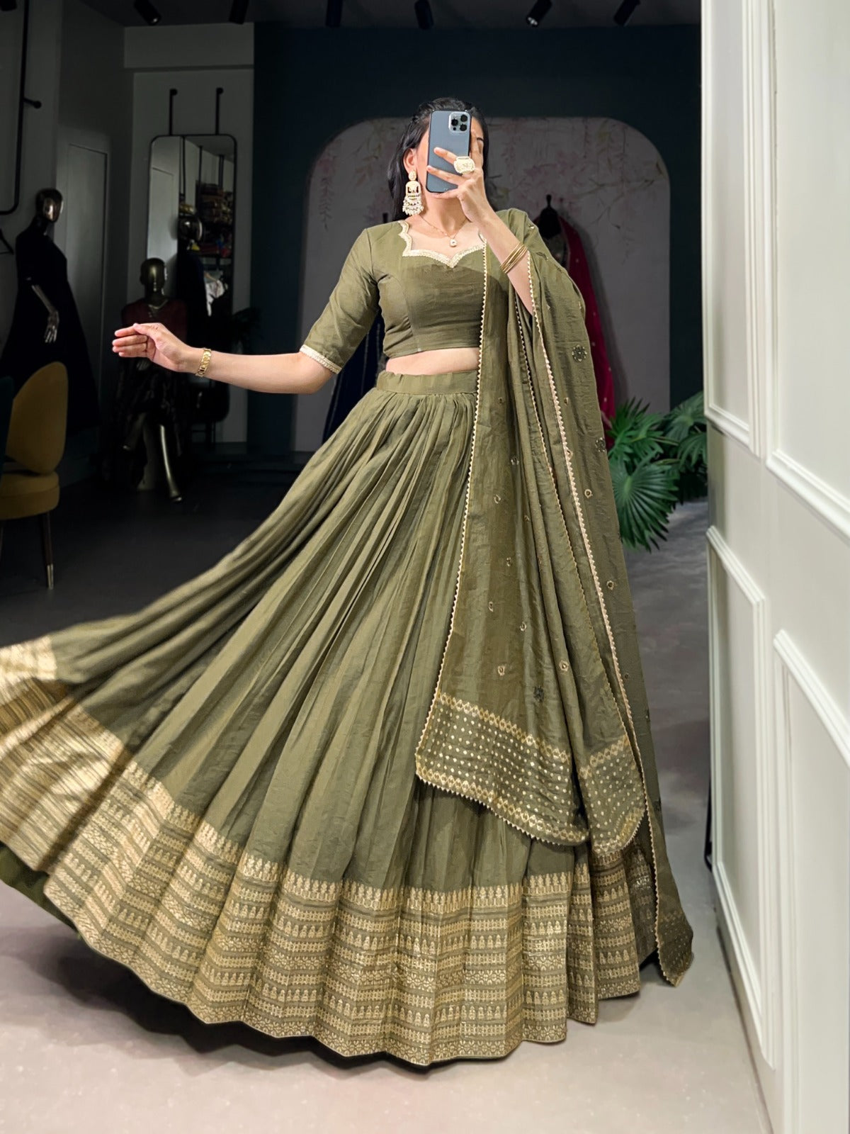 Resplendent Pure Chanderi Silk Zari Weaving Worked Lehenga Choli