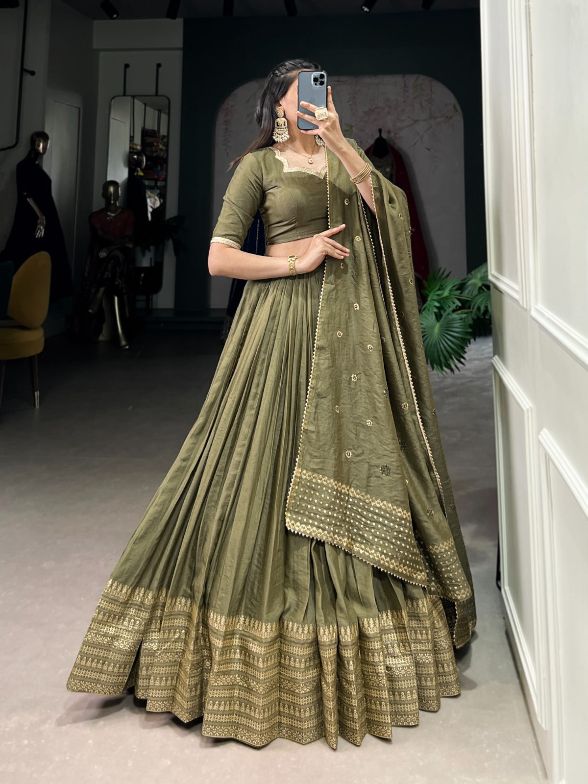 Resplendent Pure Chanderi Silk Zari Weaving Worked Lehenga Choli