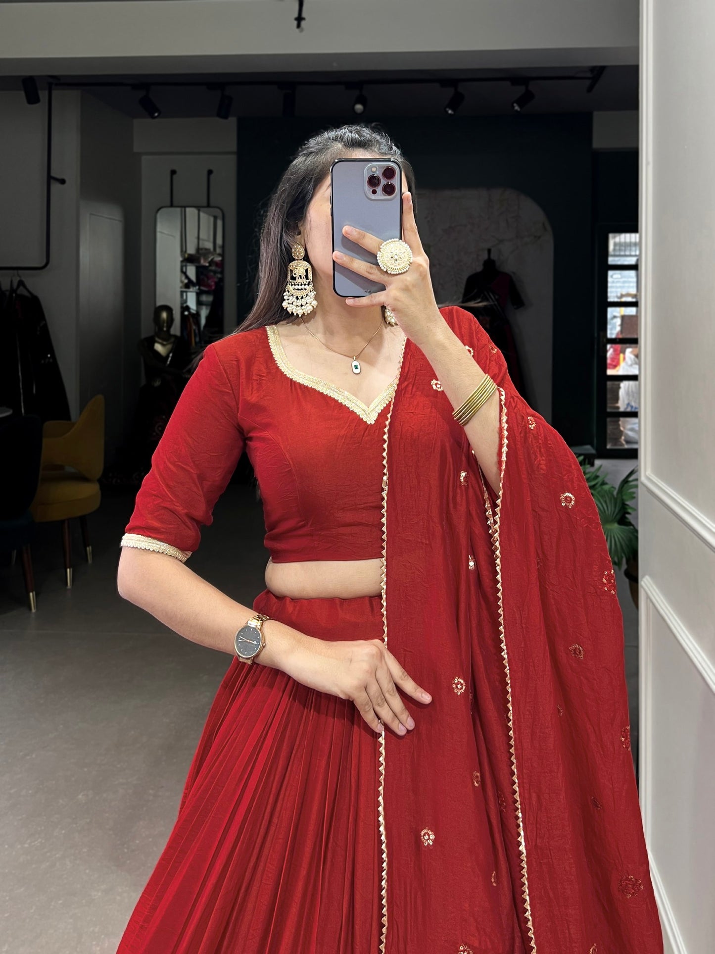 Resplendent Pure Chanderi Silk Zari Weaving Worked Lehenga Choli - INDIAN ELEGANCE