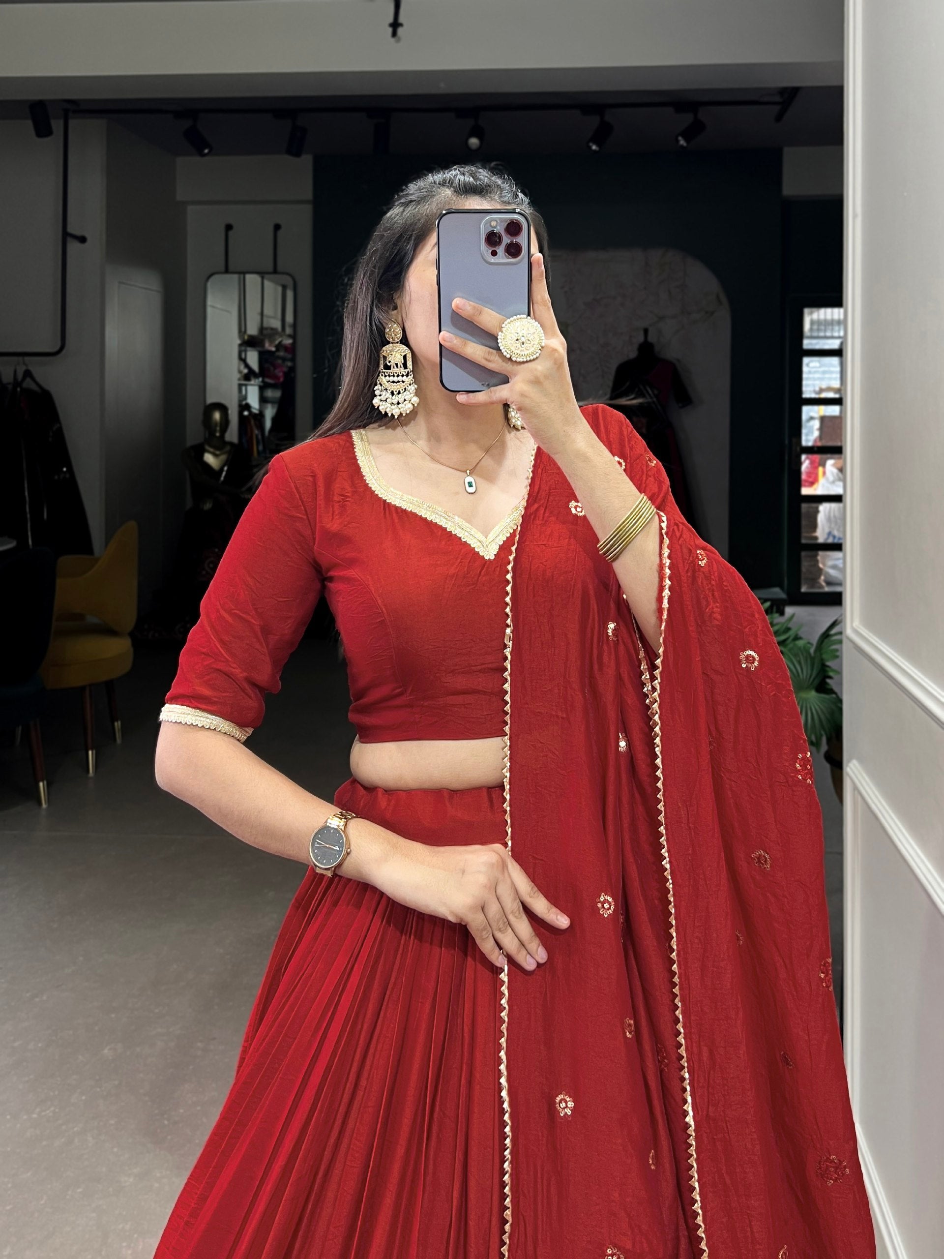 Resplendent Pure Chanderi Silk Zari Weaving Worked Lehenga Choli - INDIAN ELEGANCE