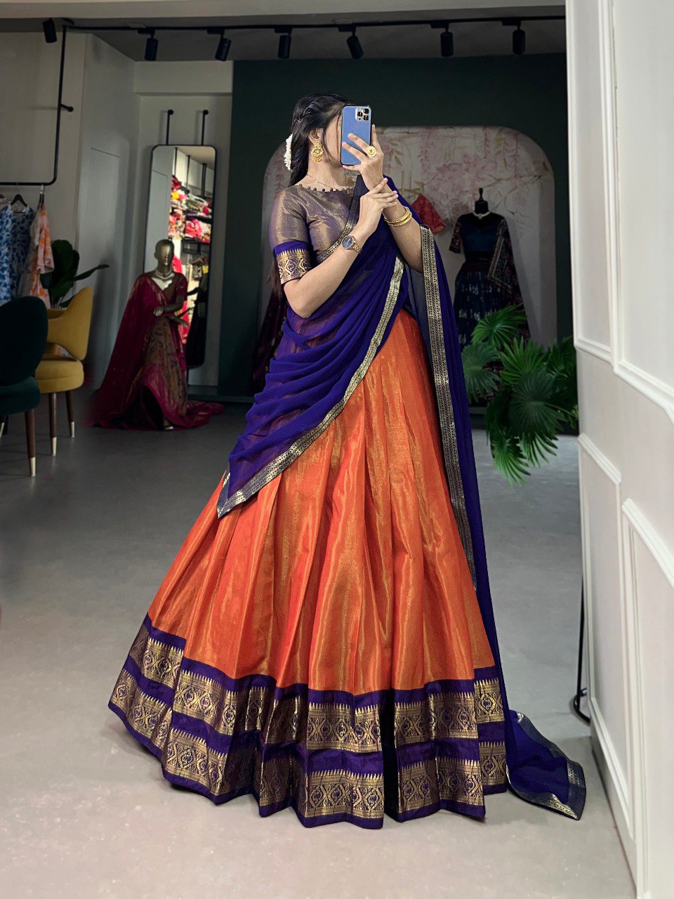 Entrancing Kanchipuram Silk Zari Weaving Worked Lehenga Choli - INDIAN ELEGANCE