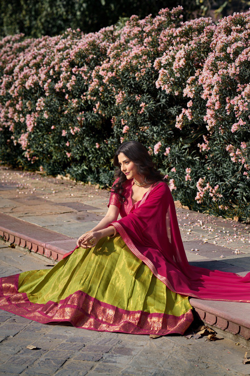 Entrancing Kanchipuram Silk Zari Weaving Worked Lehenga Choli - INDIAN ELEGANCE