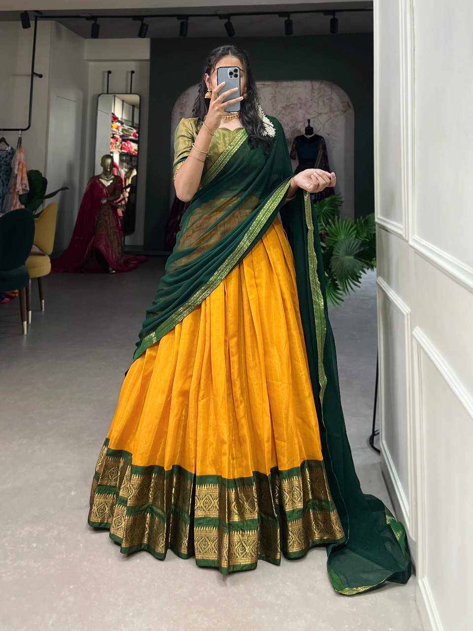 Entrancing Kanchipuram Silk Zari Weaving Worked Lehenga Choli - INDIAN ELEGANCE