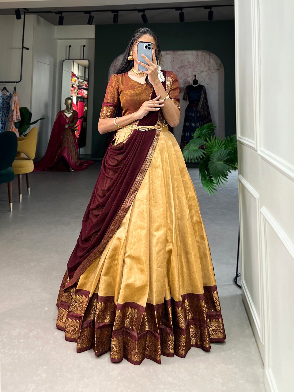 Entrancing Kanchipuram Silk Zari Weaving Worked Lehenga Choli - INDIAN ELEGANCE