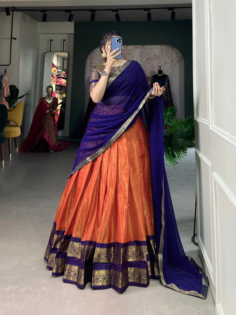 Entrancing Kanchipuram Silk Zari Weaving Worked Lehenga Choli - INDIAN ELEGANCE