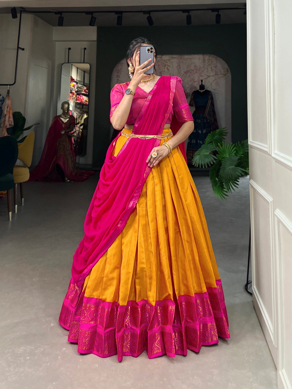 Entrancing Kanchipuram Silk Zari Weaving Worked Lehenga Choli - INDIAN ELEGANCE