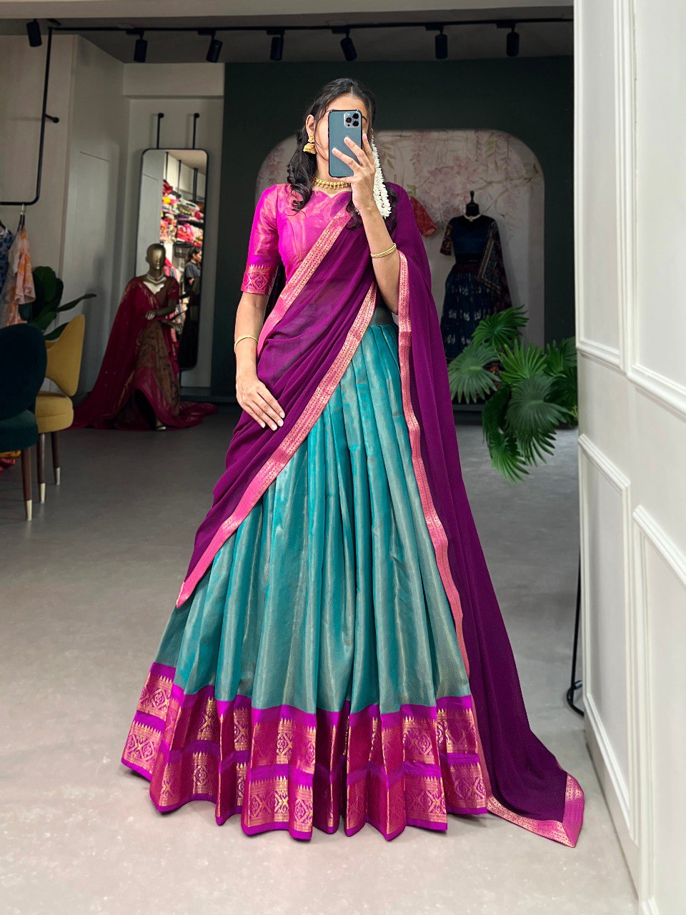 Entrancing Kanchipuram Silk Zari Weaving Worked Lehenga Choli - INDIAN ELEGANCE
