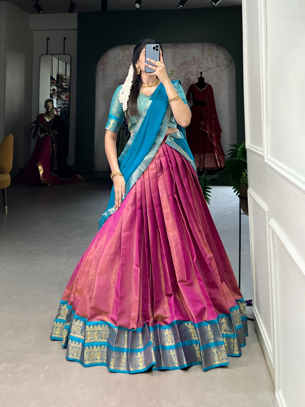 Stunning Kanchipuram Silk Zari Weaving Worked Lehenga Choli - INDIAN ELEGANCE