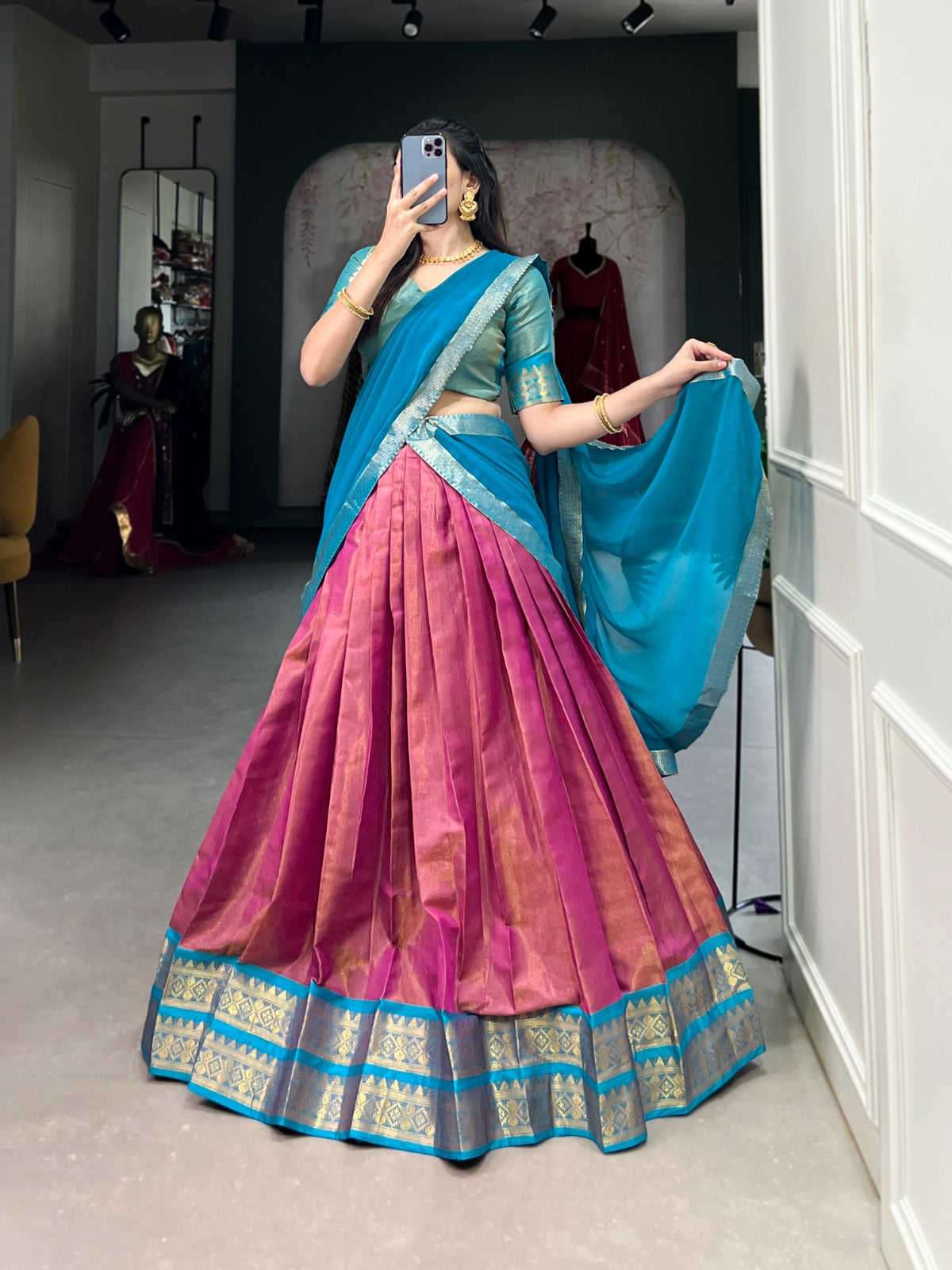 Stunning Kanchipuram Silk Zari Weaving Worked Lehenga Choli - INDIAN ELEGANCE