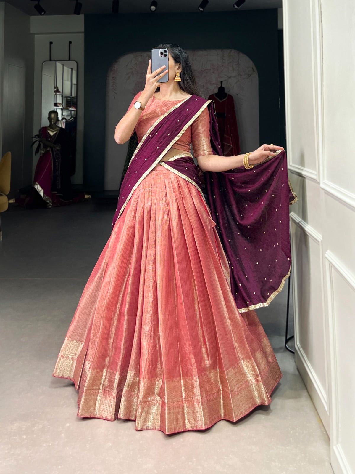 Majestic Kanchipuram Silk Zari Weaving Worked Lehenga Choli - INDIAN ELEGANCE