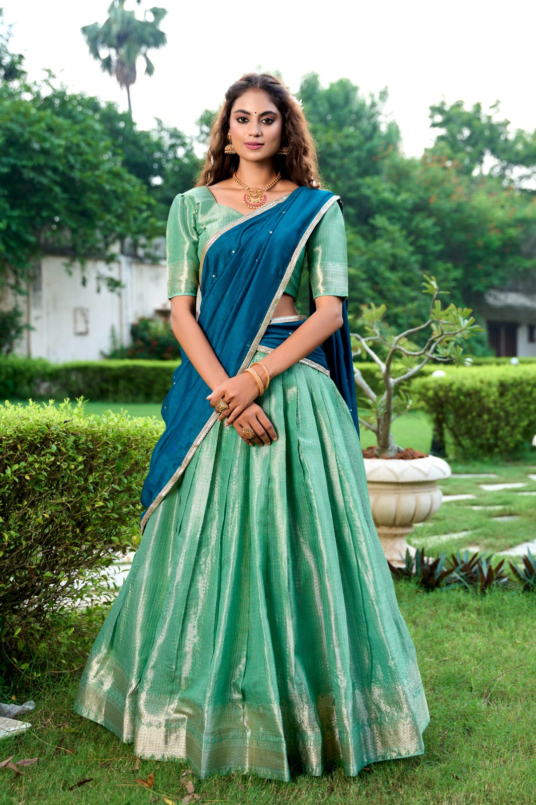 Majestic Kanchipuram Silk Zari Weaving Worked Lehenga Choli - INDIAN ELEGANCE