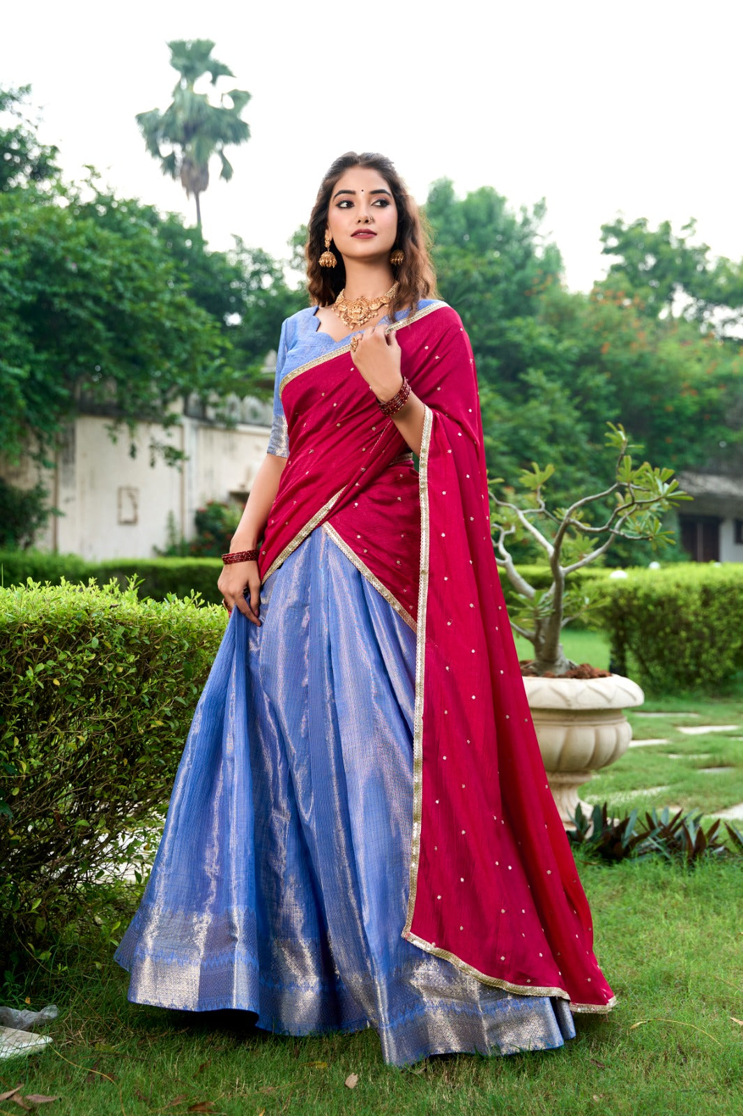 Majestic Kanchipuram Silk Zari Weaving Worked Lehenga Choli - INDIAN ELEGANCE