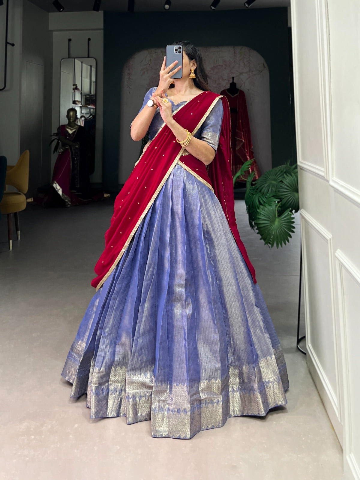 Majestic Kanchipuram Silk Zari Weaving Worked Lehenga Choli - INDIAN ELEGANCE