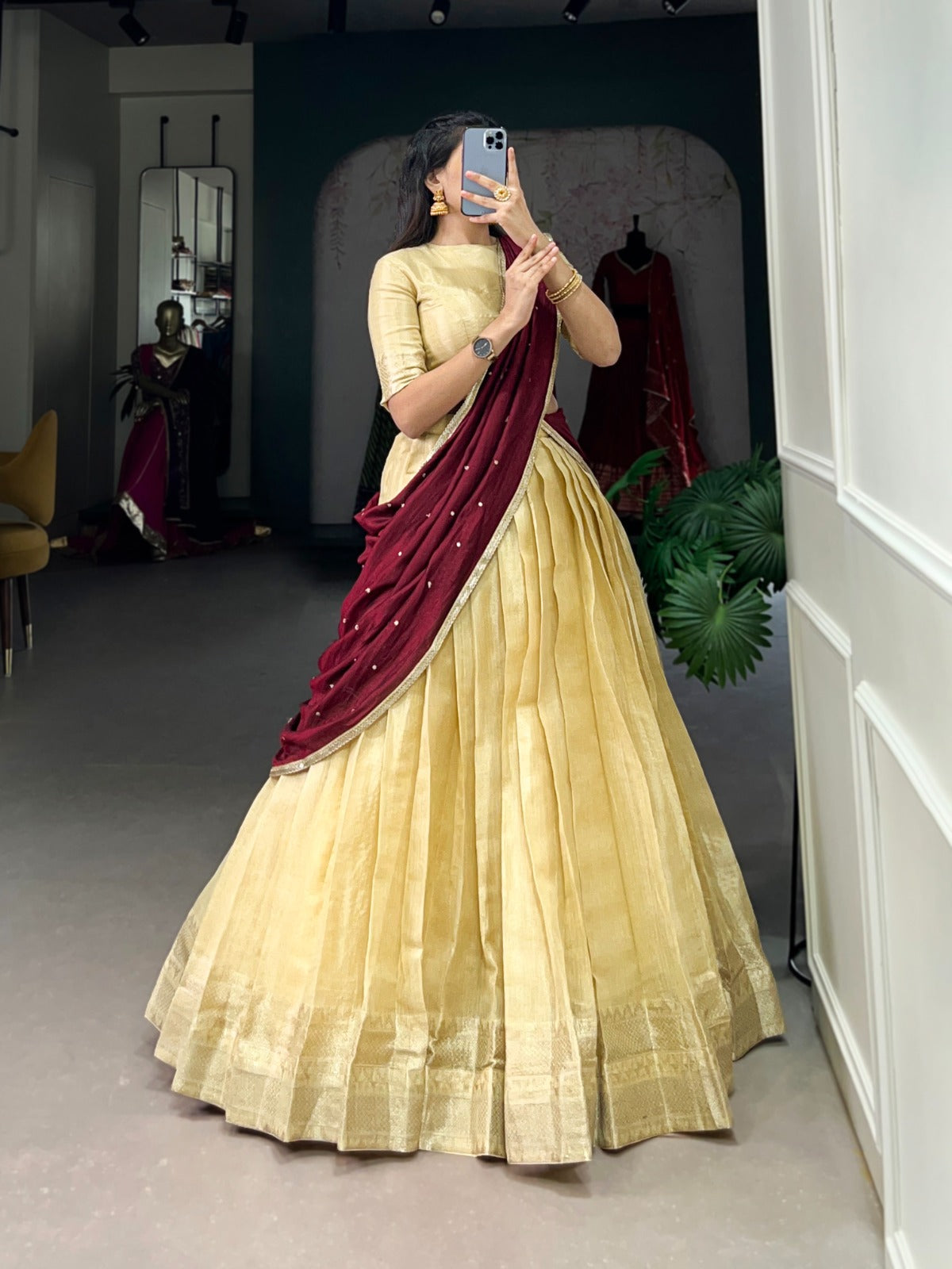 Majestic Kanchipuram Silk Zari Weaving Worked Lehenga Choli - INDIAN ELEGANCE