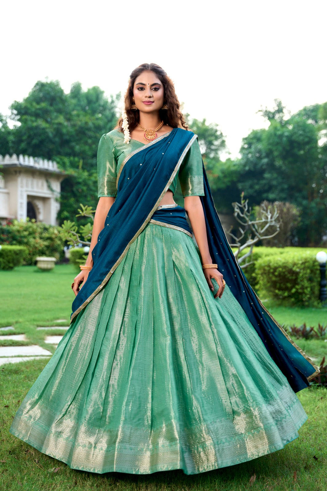 Majestic Kanchipuram Silk Zari Weaving Worked Lehenga Choli - INDIAN ELEGANCE