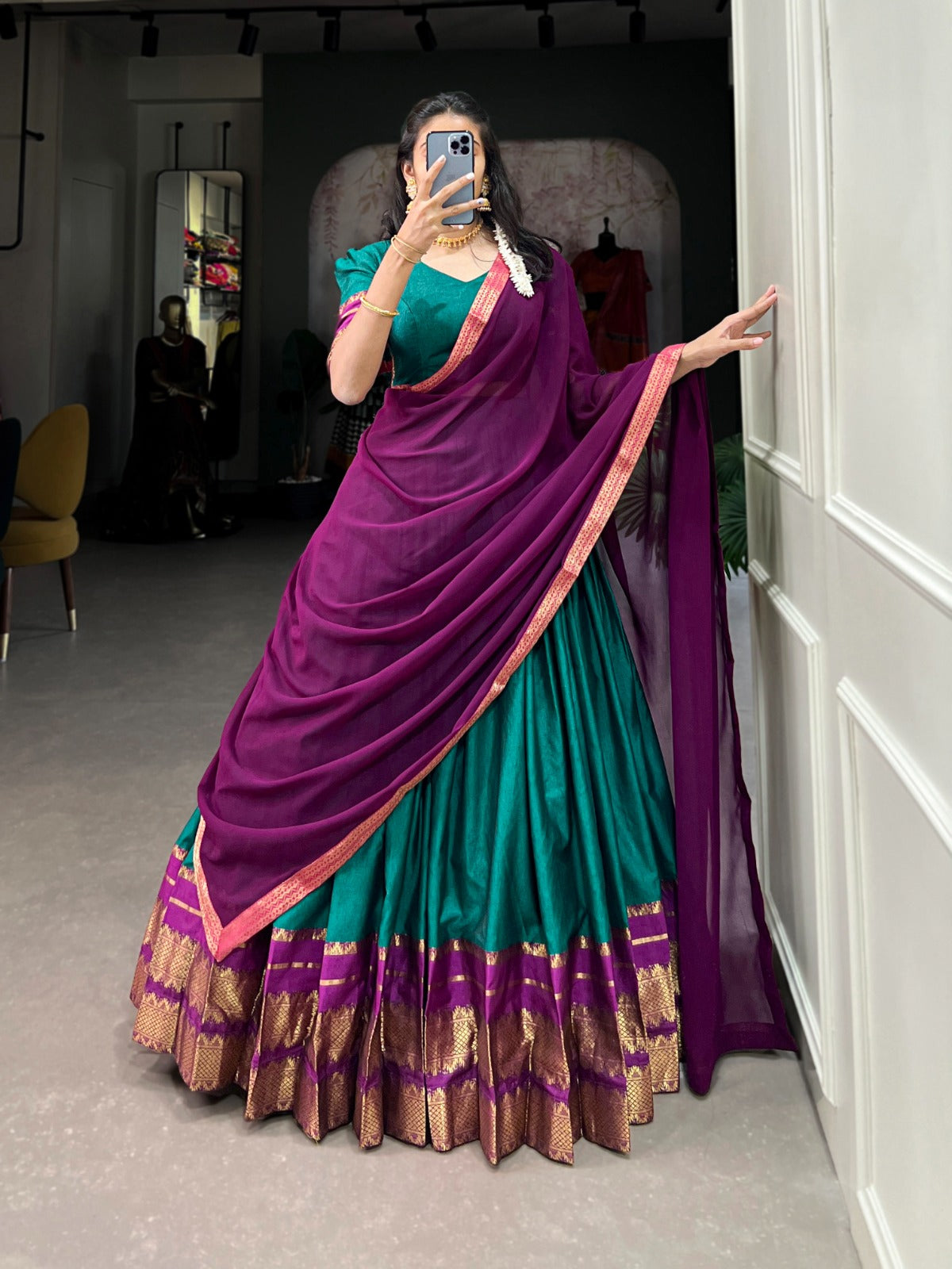 Refined Poly Cotton Zari Weaving Worked Lehenga Choli - INDIAN ELEGANCE