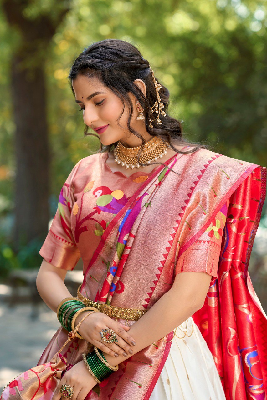 Gorgeous White Paithani Silk Weaving Zari Worked Lehenga Choli - INDIAN ELEGANCE