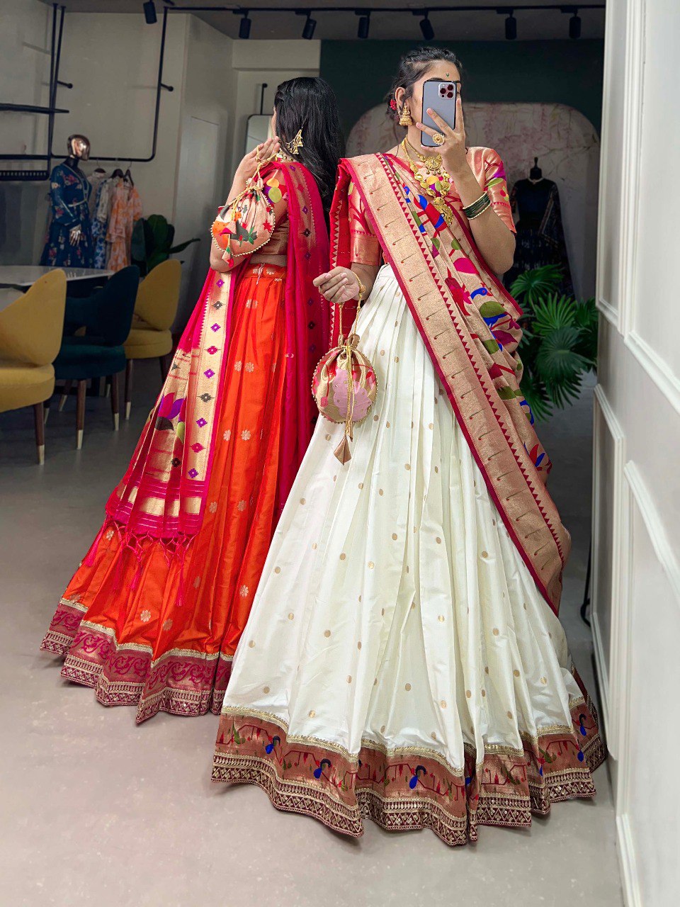 Gorgeous White Paithani Silk Weaving Zari Worked Lehenga Choli - INDIAN ELEGANCE
