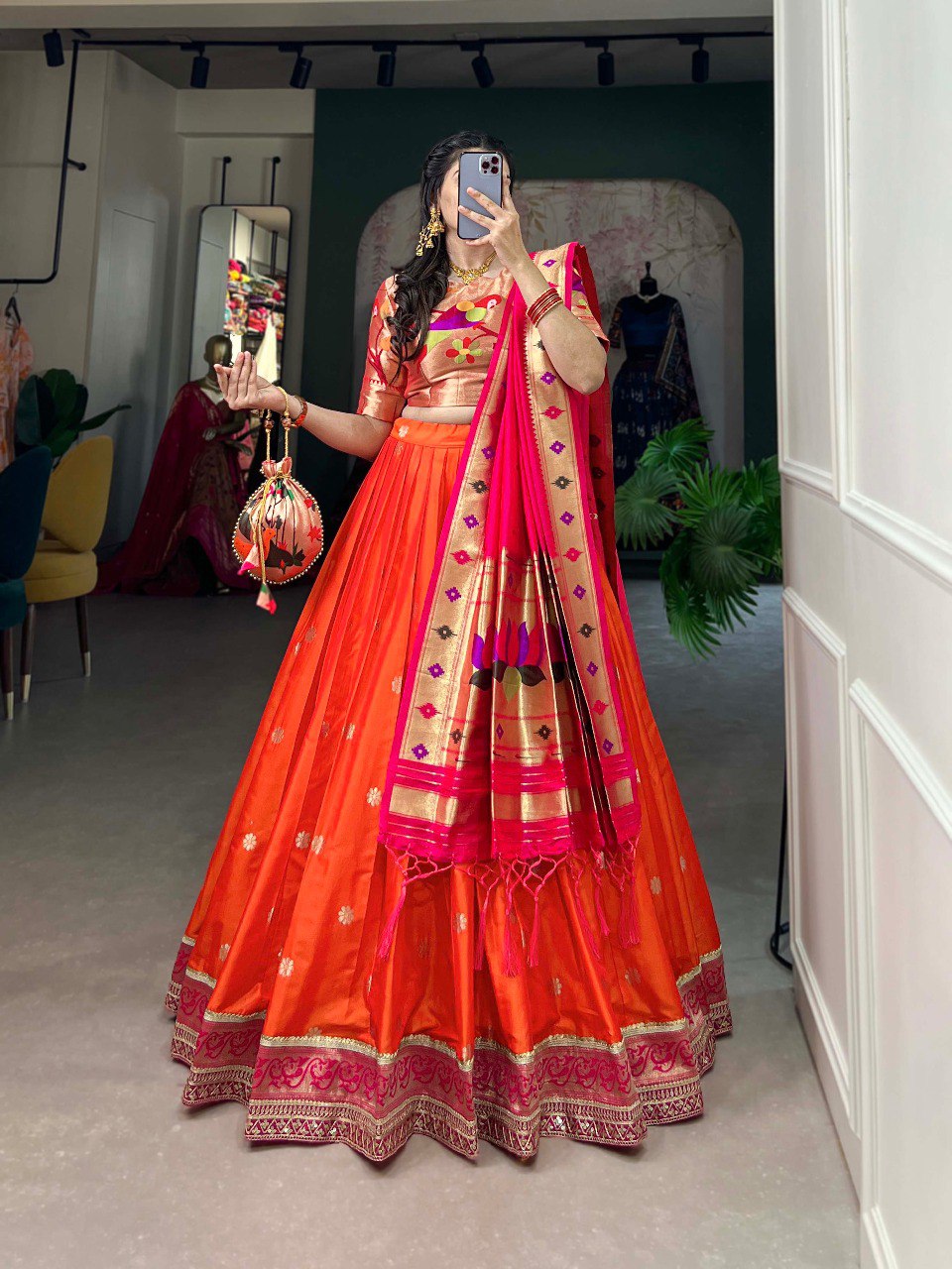 Elegant Paithani Silk Weaving Zari Worked Lehenga Choli - INDIAN ELEGANCE
