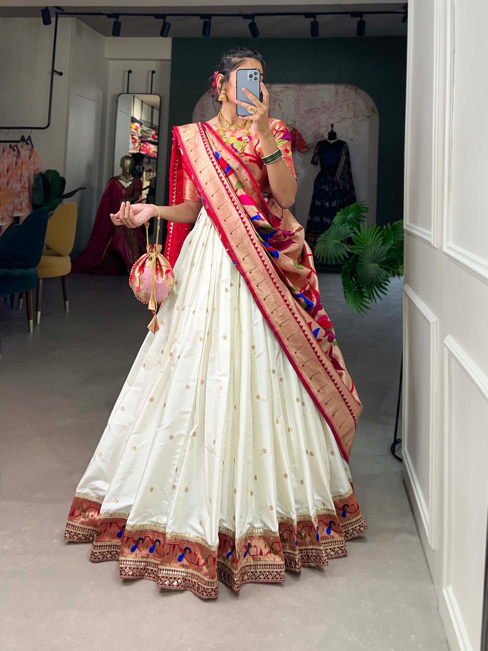 Gorgeous White Paithani Silk Weaving Zari Worked Lehenga Choli - INDIAN ELEGANCE