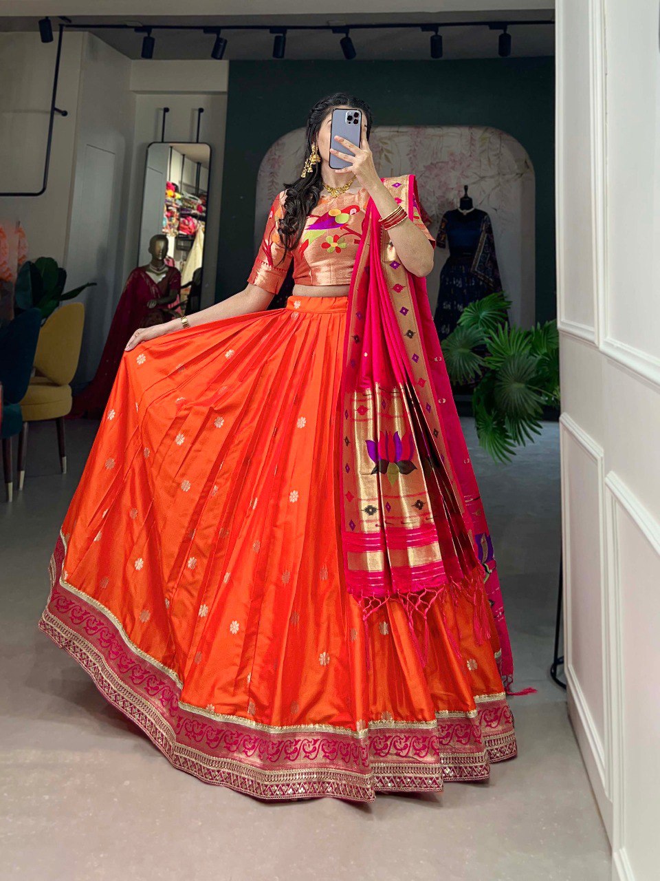 Elegant Paithani Silk Weaving Zari Worked Lehenga Choli - INDIAN ELEGANCE