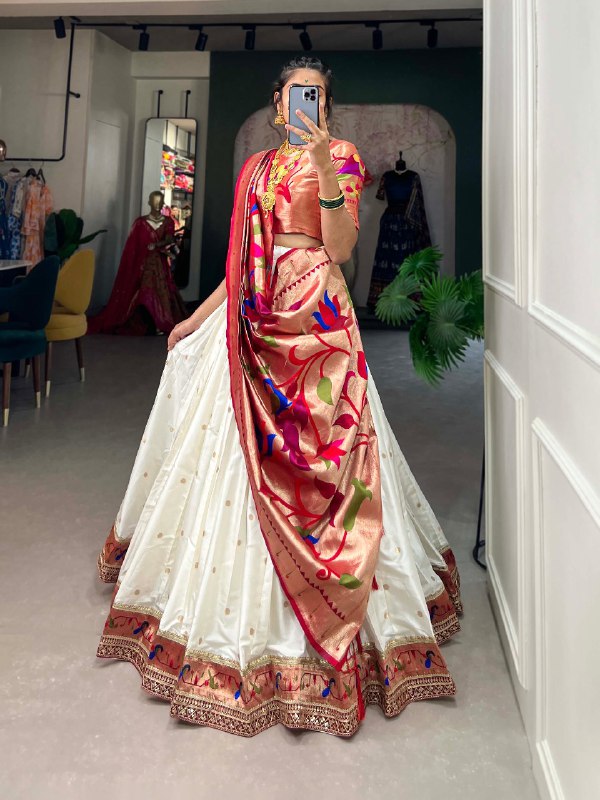 Gorgeous White Paithani Silk Weaving Zari Worked Lehenga Choli - INDIAN ELEGANCE