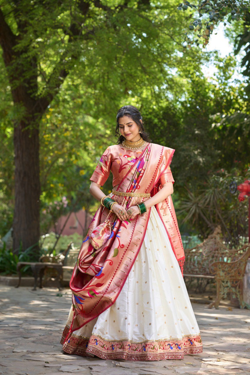 Gorgeous White Paithani Silk Weaving Zari Worked Lehenga Choli - INDIAN ELEGANCE