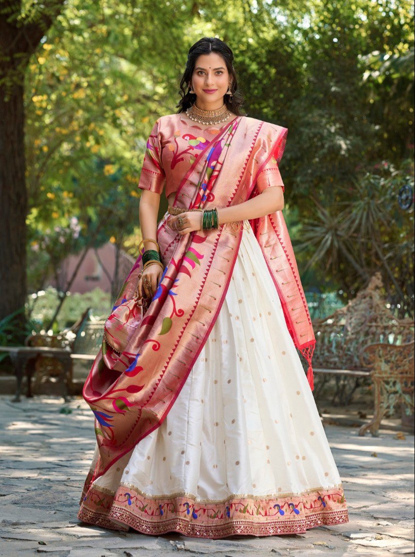 Gorgeous White Paithani Silk Weaving Zari Worked Lehenga Choli - INDIAN ELEGANCE