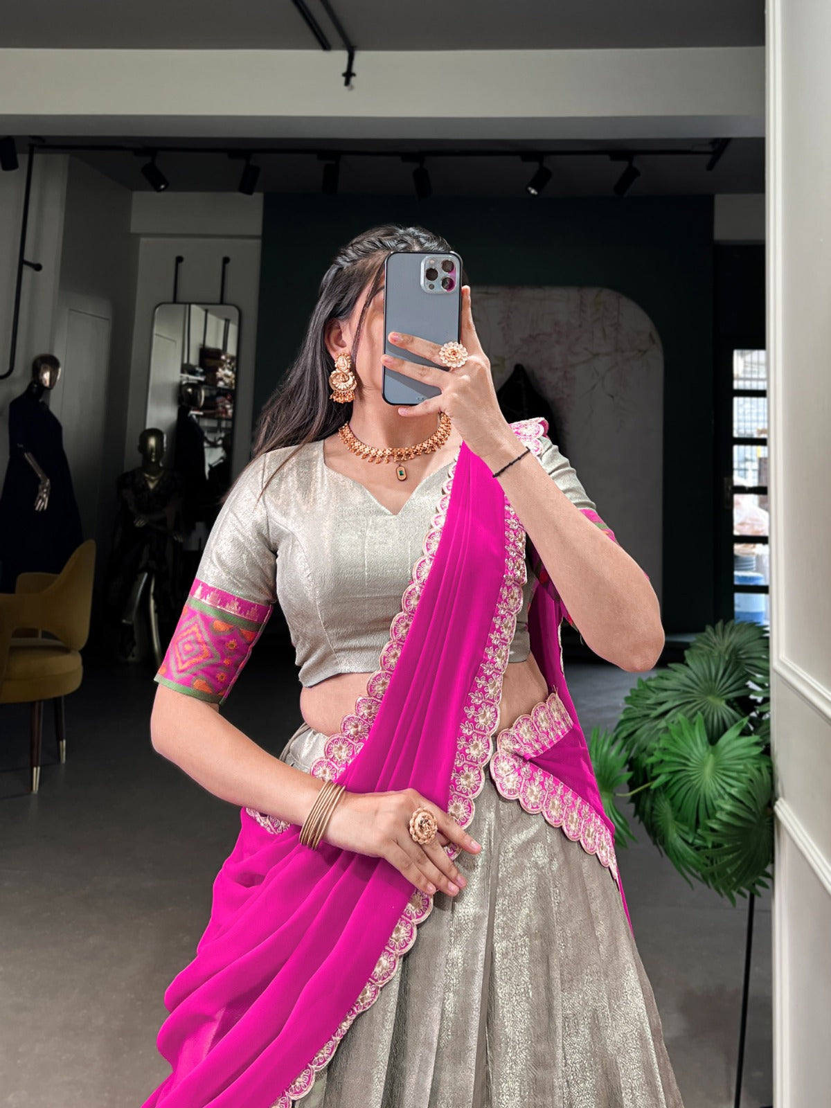 Gray Jacquard Silk Weaving Worked Lehenga Choli Set