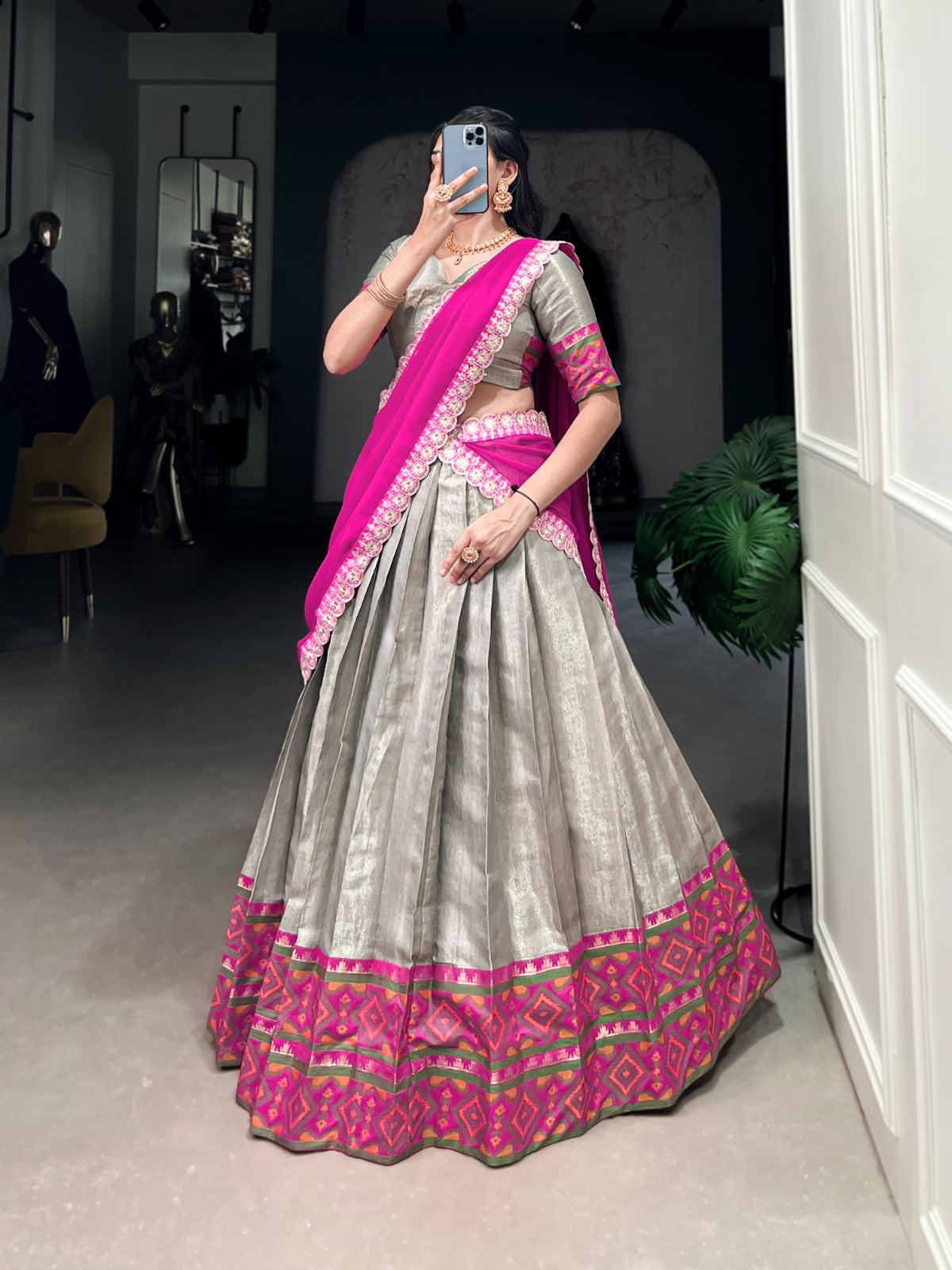 Gray Jacquard Silk Weaving Worked Lehenga Choli Set