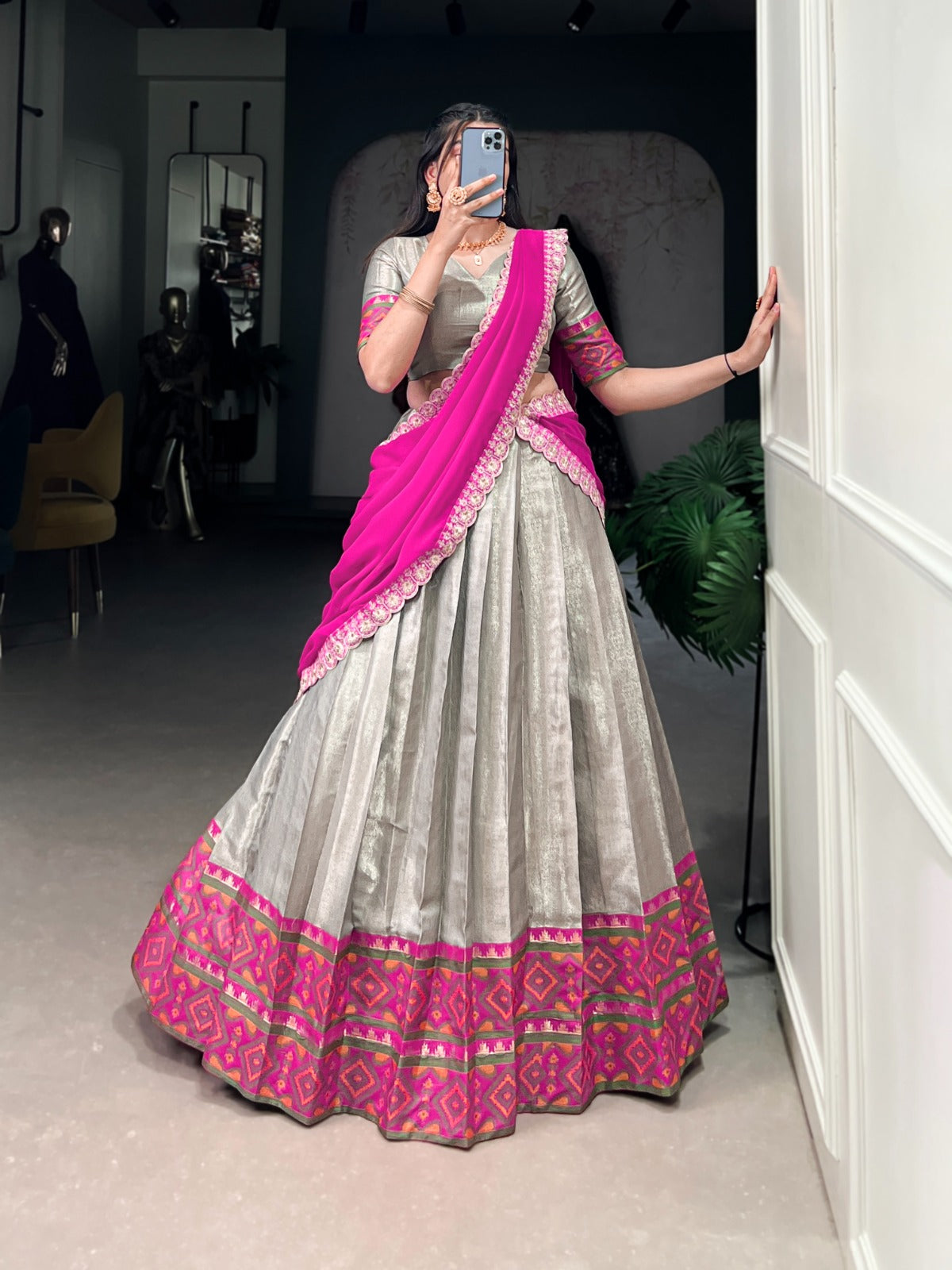 Gray Jacquard Silk Weaving Worked Lehenga Choli Set