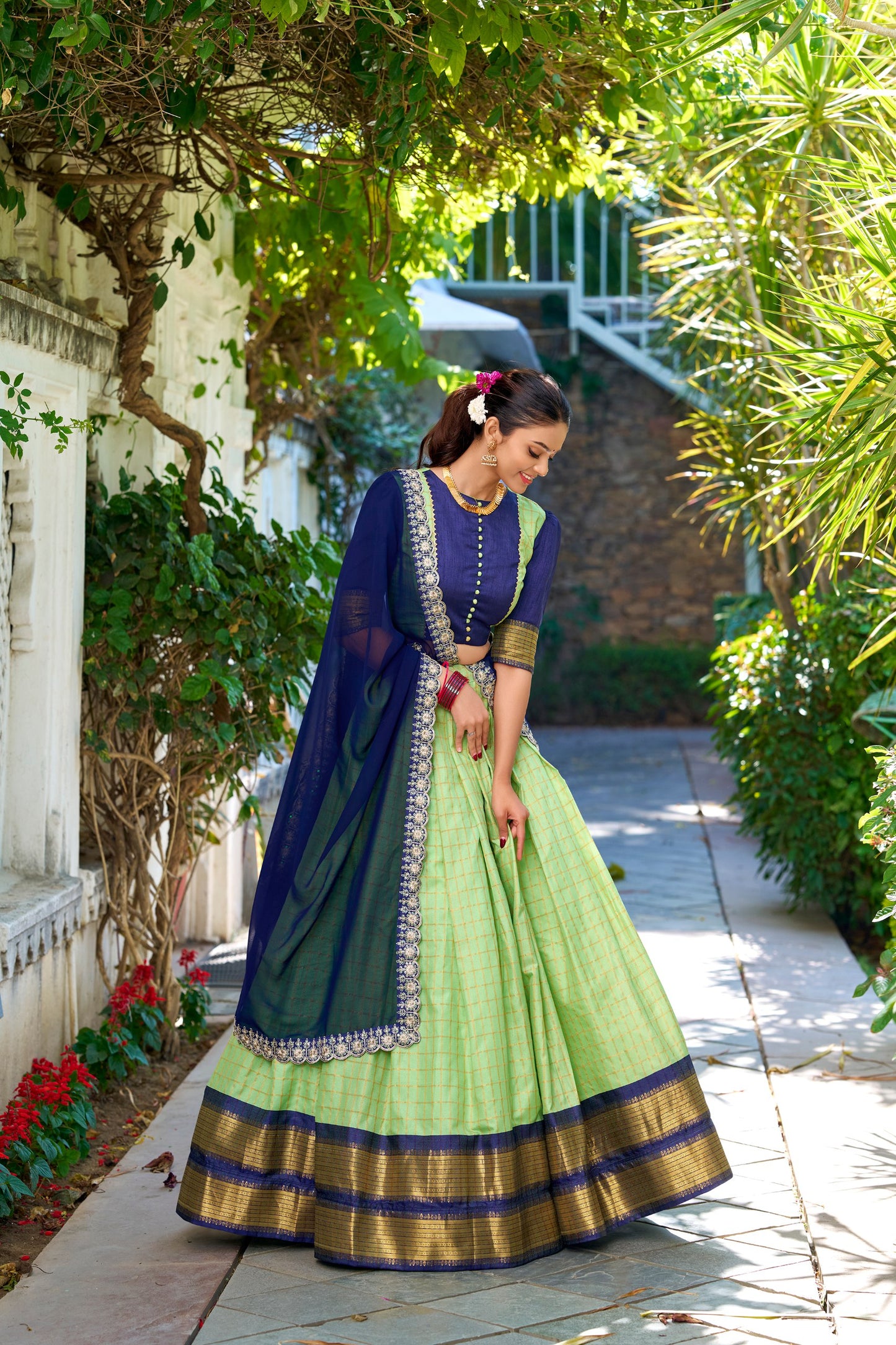 Stylish Zari Chex Weaving Worked Lehenga Choli Set