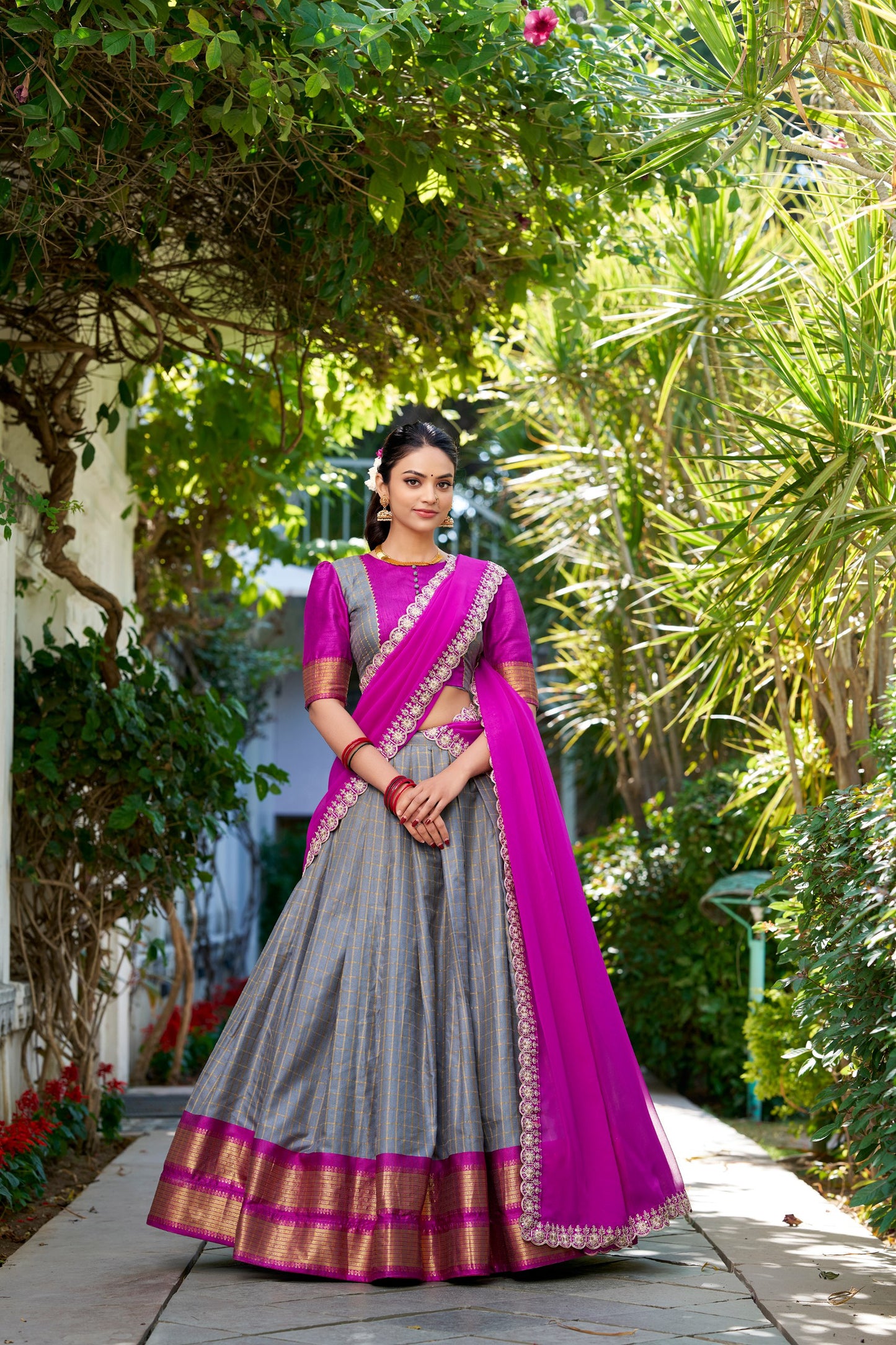Stylish Zari Chex Weaving Worked Lehenga Choli Set
