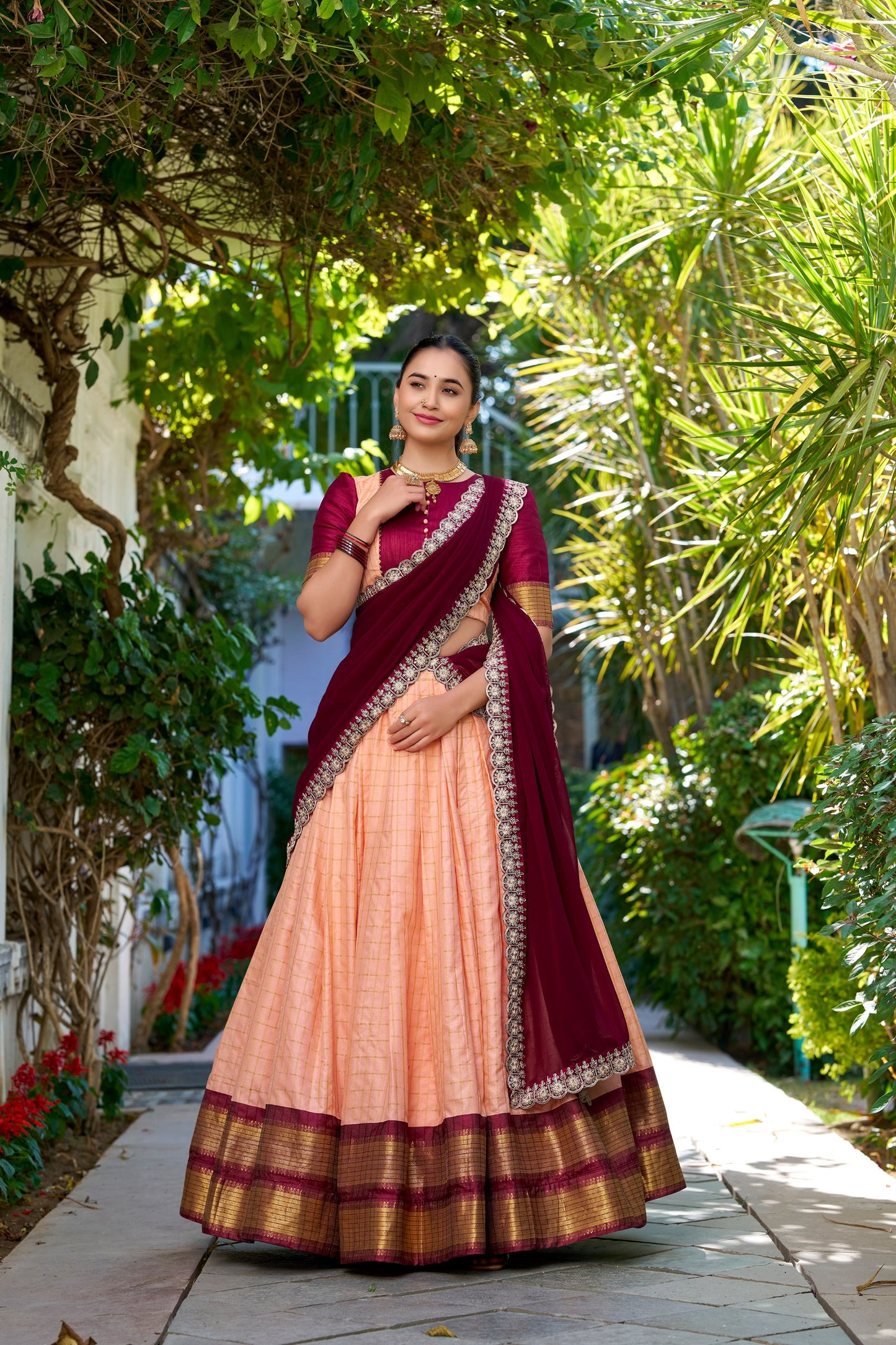 Stylish Zari Chex Weaving Worked Lehenga Choli Set