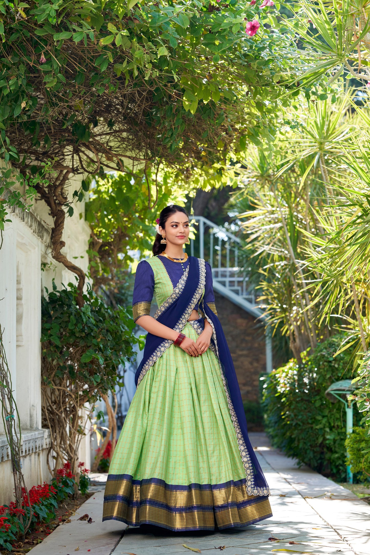Stylish Zari Chex Weaving Worked Lehenga Choli Set