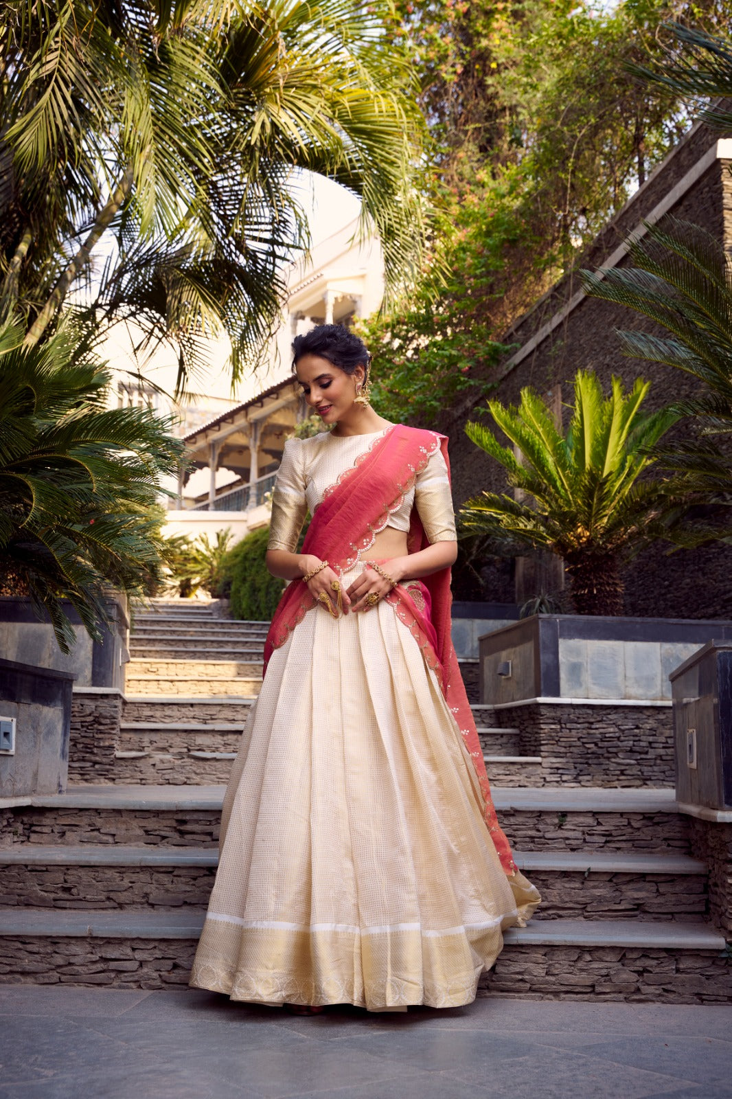 Off White Jacquard Chex Zari Weaving Worked Lehenga Choli