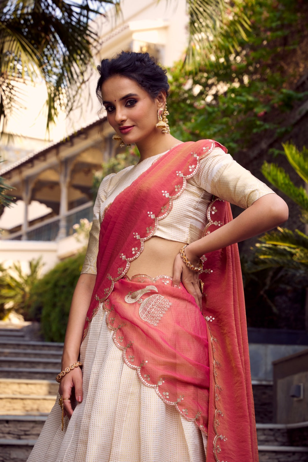 Off White Jacquard Chex Zari Weaving Worked Lehenga Choli