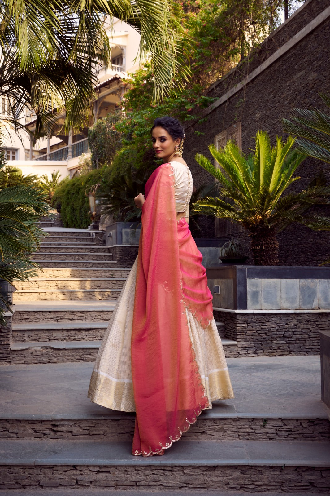 Off White Jacquard Chex Zari Weaving Worked Lehenga Choli