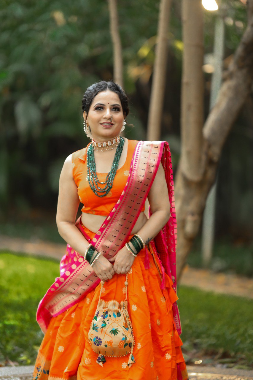 Resplendent Orange Paithani Silk Weaving Zari Worked Lehenga Choli - INDIAN ELEGANCE