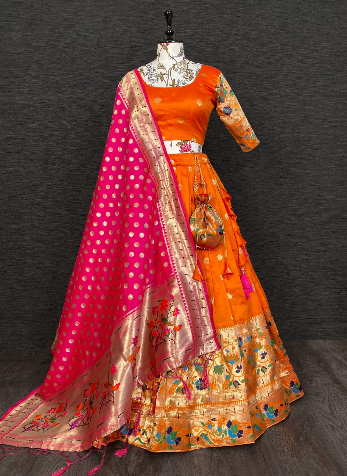 Resplendent Orange Paithani Silk Weaving Zari Worked Lehenga Choli - INDIAN ELEGANCE