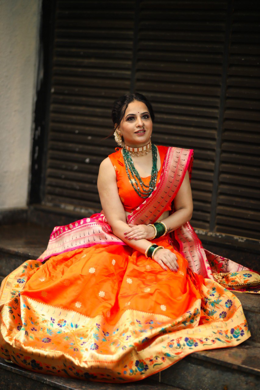 Resplendent Orange Paithani Silk Weaving Zari Worked Lehenga Choli - INDIAN ELEGANCE