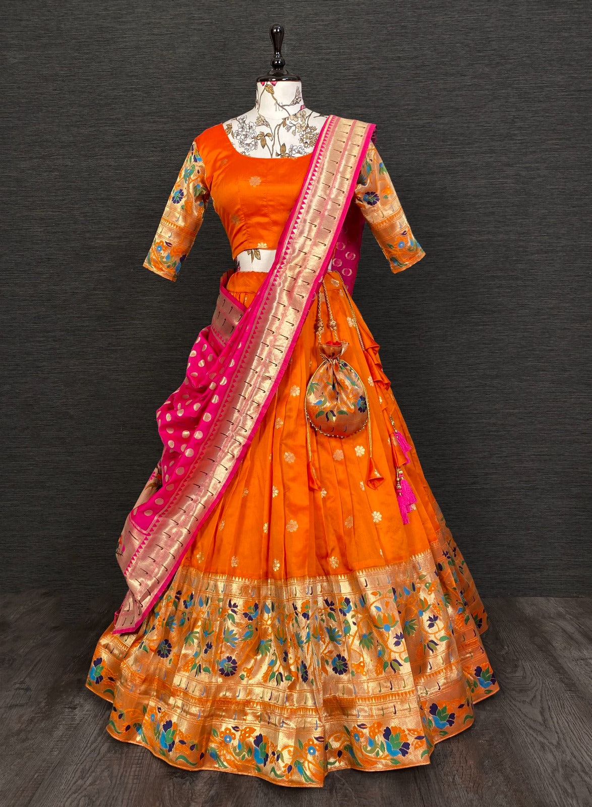 Resplendent Orange Paithani Silk Weaving Zari Worked Lehenga Choli - INDIAN ELEGANCE